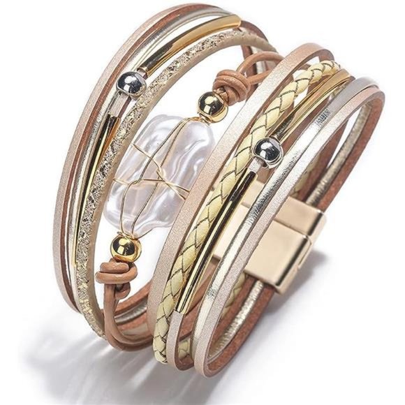 Bracelet for Women, Boho Leather Wrap Multi-Layer Pearl Crystal Bracelet Bangle - Picture 5 of 5